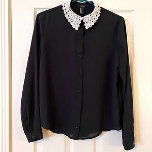 Forever 21 Black Semi Sheer Blouse with Creamy White Cotton Lace Collar- Medium